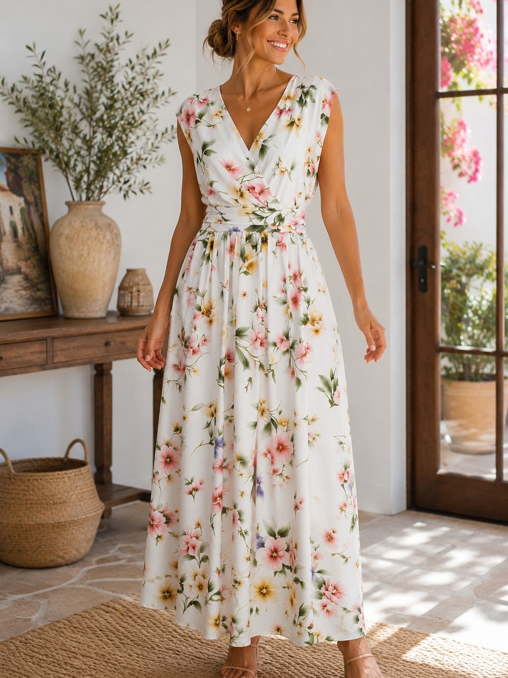 Boutique NWOT Floral White V-Neck Maxi Dress with Pink Blossoms Sz M